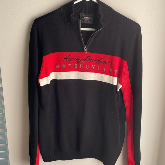 Harley-Davidson Sweaters - Harley-Davidson Womens Black Red White Colorblock Zip Neck Pullover Sweater- L